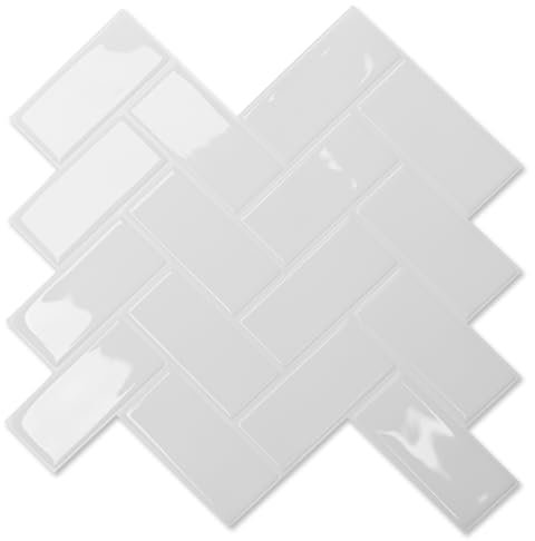 Art3d Lot de 10 Carreaux muraux autocollants 3D - Pour carrelage à chevrons - Pour cuisine, salle de bain - Étanche - Blanc - Plus épais
