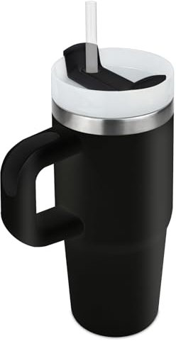 Vaso de 14 oz con mango y paja, vaso para niños con tapa y paja, vaso de acero inoxidable 304 para niños, deportes escolares al aire libre (negro)