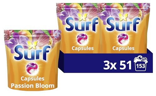 Surf 3 in 1 Passion Bloom Laundry Washing Detergent Capsules joy-infused fragrance with natural essential oil lasting up to 12 hours in wear for brilliantly clean results 153 washes (3x 51)