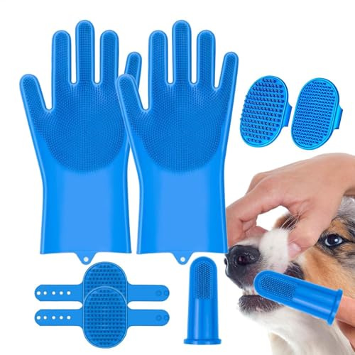 Ungtyb Pet Grooming Gloves, Silicone Brush, Soft Bristles, Finger Toothbrush, Gentle Shampoo Scrubber, Comfortable Fit Ideal for Dog and Cat Bathing, 6 Pieces