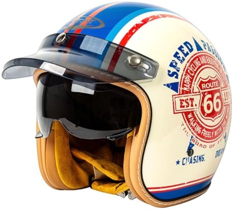 Vintage Style Motorcycle Helmet Open Face Helmet With Sun Visor 3/4 Half Face Motorbike Crash Helmet For Men Women ECEDOT Approved Jet Helmet For Scooter Cruiser Moped