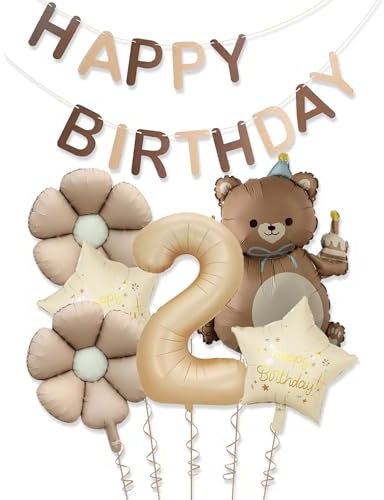 Ovanda Bär Geburtstagsdeko 2 Jahr Junges, 7 Stück Bär Folienballon Set, Gänseblümchen, Deko 2. Geburtstag Junge Mädchen, Happy Birthday Girlande für Geburtstagsdeko 2 Jahr Junge Mädchen, Jubiläum Deko