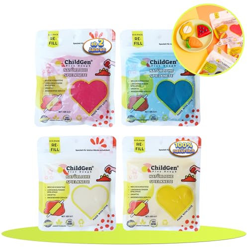ChildGen Knete Play Dough 100% natürliche Inhaltsstoffe, ungiftig, Nachfüllpackung, Knete, Kinderknete, Knete ab 2 Jahre, Knetezubehör, Knetset, Knete 4er Set, Spielknete Blau,Grun,Rot,Gelb -500g