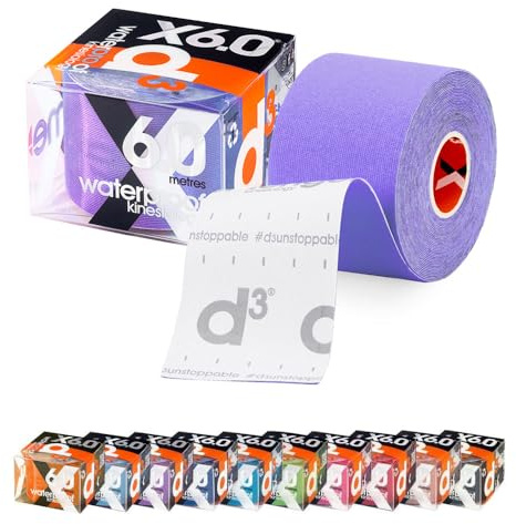 d3 X6.0 Waterproof Kinesiology Tape 5cm x 6m Purple – Sweatproof Hypoallergenic Kinetic Tape for Knee Pain, Shoulder, Back & Muscle Support - Injury Recovery & Sports Tape Strapping Uncut Roll