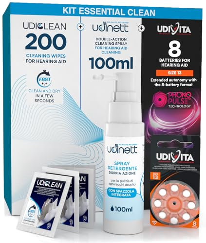 8 Piles puor Appareils Auditifs Taille 13 + 200 Lingettes Nettoyantes Udiclean Format de Poche + Spray Nettoyant avec Brosse Intégrée Udinett 100ml - Kit Essential Clean