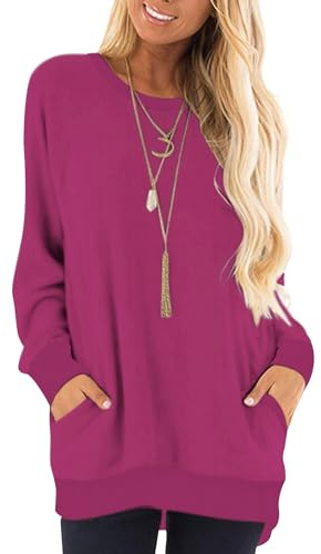 AUSELILY Damen Langarmshirts Rundhals T Shirts Blusen Tunika Sweatshirt Pullover Mit Taschen