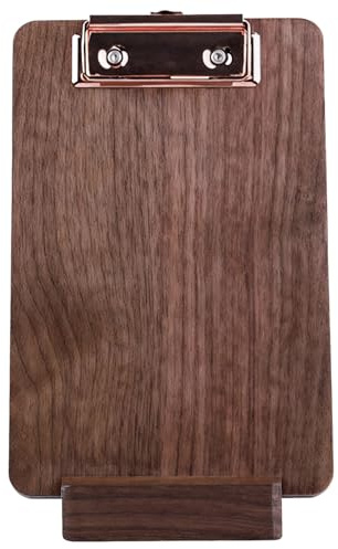 Klemmbrett aus Walnussholz, A6, mit verstellbarem Metallclip und kompaktem Ständer, ideal für Büros, Restaurants und Cafés
