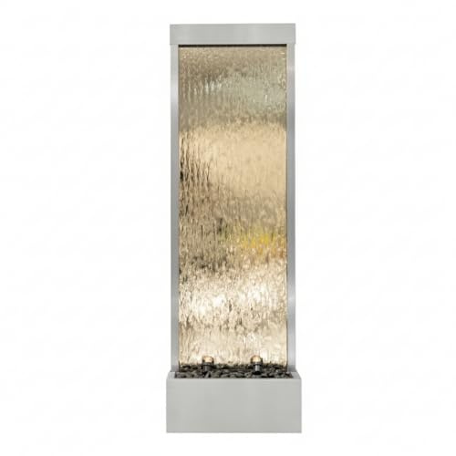 Xbrand Fountain 68 Freestanding Modern Indoor/Outdoor Waterfall Fountain w/Decorative Rocks, LED Lights & Auto-Shut Off Pump, Silver Frame and Clear Glass
