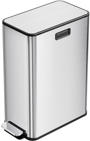 2x28L Dual Bin with Soft-Close Butterfly Lid, Stainless Steel Pedal Bin with Removable Inner Buckets, Rectangle Trash Can, Space-Saving Design, for Kitchen, Living Room, Silver