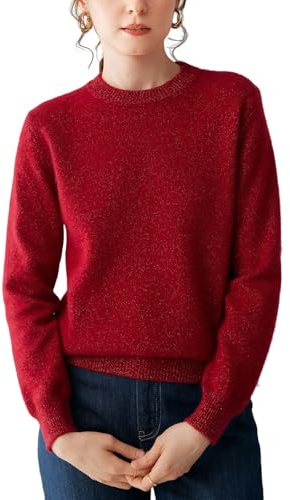 WEWE Pull Cachemire 95% Femme Col Rond Motifs pointillés Tricoté en Vrac Manches Longues épais Pull en Cachemire et Laine,Rouge,EU 44,MD6888