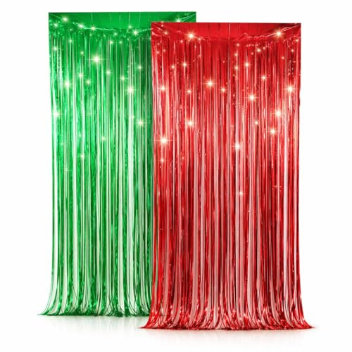 Red Green Tinsel Foil Fringe Curtain 2Pcs - Party Decor 3.2ft x 6.4ft | Shimmering Door & Wall Decoration for Christmas, Valentines, Discos and Party backdrop