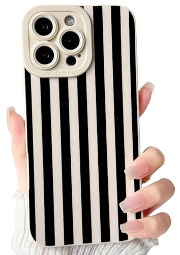 NITITOP Compatible with iPhone 16 Pro Max Case Cute Striped - White Black | for Women Girls Men Boys, Line Stripes Pattern, Soft TPU Shockproof Cover, Full Camera Protection