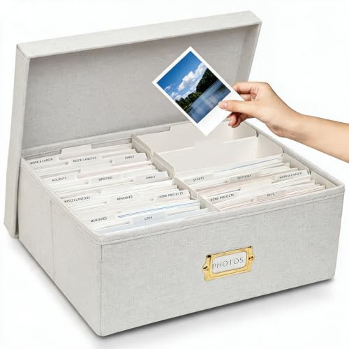 kroucoco Linen Photo Storage Box,hold up to 1700 Photos of 4x6”,Photo Containers with Dividers,Photo Storage Organizer with Lid for Cards,Pictures,Stickers,Scrapbooks,Stamps (Beige)