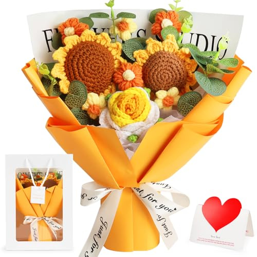 tenn well Bouquet di fiori all'uncinetto, girasole lavorato a maglia, regalo per festa della mamma, compleanno, laurea, anniversario e decorazione per la casa