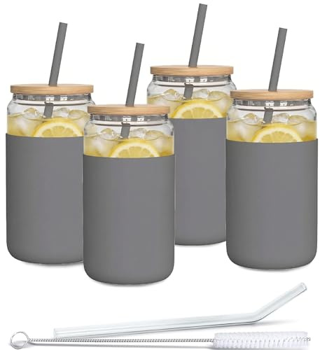 Aquafloow Verre avec Paille et Couvercle 500 ml | Gobelets réutilisables Housse en Silicone | Set de Verres- 2 pailles 1 bâtonnet de nettoyage | Pour smoothie, café, cocktail- 4 pièces- Gris