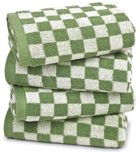 Generisch Grün Karierte Handtücher 4er-Set, Baumwoll Frottee Handtücher 74 x 33 cm, weich, saugfähig & schnelltrocknend, für Bad, Gäste-WC, Küche, Reise und Sport