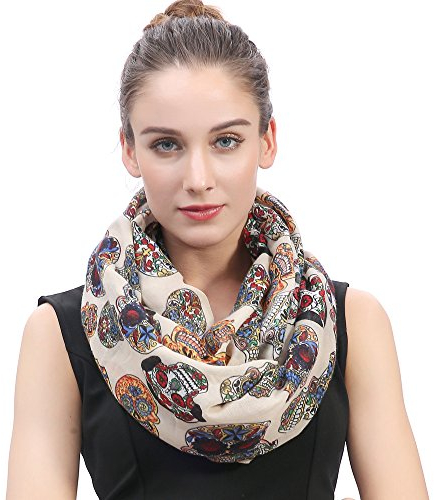 Lina & Lily Damen Loop Schal Schlauchschal mit Totenkopf-Motiv 'Day of the Dead' (Beige)