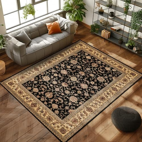 Carpettex Kurzflor Orientalischer Teppich - Klassisch Optik Schwarz 200 x 290 cm - Wohnzimmer Vintage Schlafzimmer Weich Waschbar Küchenteppich