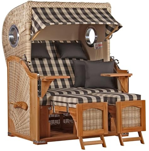 MR. DEKO® Strandkorb Düne Teak 2-Sitzer Bullauge | PE Geflecht Shell | Volllieger Strandstuhl verstellbar | inkl. 4 Kissen Wechselpolster | Strandkörbe fertig montiert aus Teakholz | (Dessin 505)