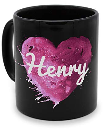 printplanet - Tasse Schwarz mit Namen Henry - Motiv: Painted Heart - Namenstasse, Kaffeebecher, Mug, Becher, Kaffeetasse