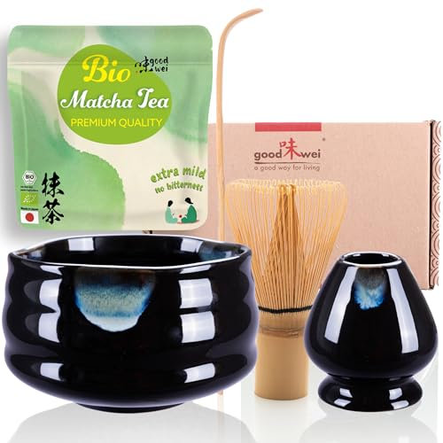 Goodwei Set di Matcha Completo - Tazza Cerimoniale con frusta e cucchiaio - incl. Tè Matcha Biologico Giapponese (Kuro White), Ceramica, 430 ml