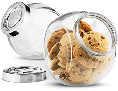 Bormioli Rocco Pandora Glass Candy Jar 75½-Ounce Cookie Jar (2 Pack) with Plastic Airtight Seal Lid 2-Way Display, Bulk-Food Storage Jar for Snacks, Dry Food, Jelly Beans Canister, Apothecary Jars.