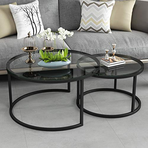 Table Basse Ronde Moderne gigogne Tables gigognes Tables de Salon Cadre en Fer Noir, 70cmx45cm / 50cmx40cm (Lot de 2, Verre trempé)