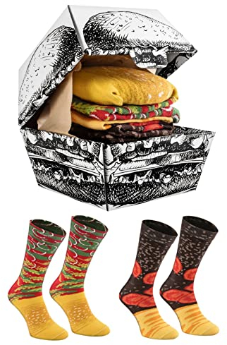 Rainbow Socks - Hamburger Box Socks - Damen Herren Lustige Cheeseburger Socken in Box - Novelty Geschenk Socken für Burger- und Fast-Food-Liebhaber - 2 Paar - Größen EU 47-50