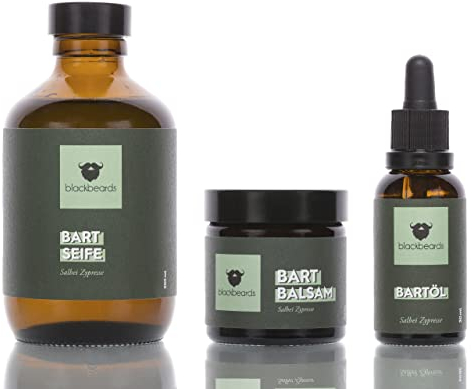 blackbeards Bartpflege Set Salbei-Zypresse ● Waldiger, würziger Duft ● Mit Bartöl, Bartbalsam und Bartseife ● Bartpflege vom 3-Tage-Bart bis Vollbart ● Geschenk-Set für den Mann mit Bart