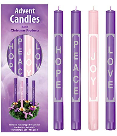 Adventskerzen mit Worten Love, Peace, Hope, Joy On the Candles,Weihnachten Adventskerze 4er Set für Adventsringe und Adventskränze,selbstmontierendes Ende,für den kirchlichen Adventskranz