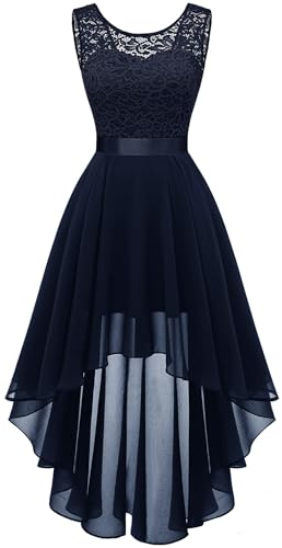 Berylove 7035 Vintage Robe de Cocktail Pin Up High Low en Dentelle Mousseline pour Mariage Soirée Bal Jupe Asymétrique sans Manche avec Ceinture Marine S