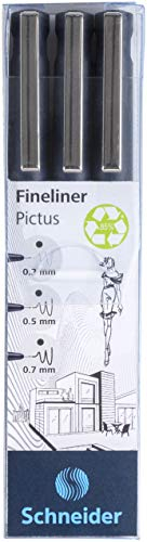 Schneider Pictus Fineliner (Strichstärken 0,3 , 0,5 und 0,7 mm, dokumentenechte Pigmetliner, metallgefasste Spitze, Gehäuse aus 85% recyceltem Kunststoff) schwarz, 3er Etui