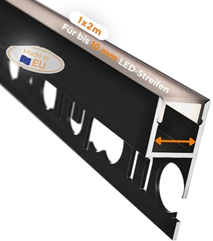 Alupona Mola-Up LED Fliesenprofil I 1 x 2 m I Langlebige Aluminium Fliesen-Abschlussleiste für LED Streifen bis 1cm Breite I LED Trockenbauprofil schwarz I Fliesenschiene + Acryl Abdeckung schwarz
