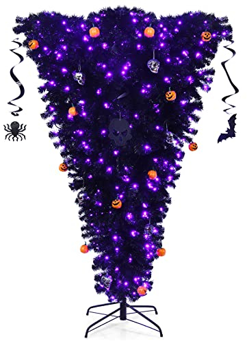 COSTWAY 180cm LED Weihnachtsbaum mit 270 lila Leuchten, Künstlicher Tannenbaum Kopfüber, Dekobaum für Halloween und Weihnachten, Kunstbaum mit Dekorationen, Klappsystem und Metallständer, schwarz