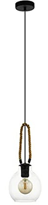 EGLO Pendelleuchte Roding, 1 flammige Hängelampe vintage, Hängeleuchte aus Glas in Klar, Metall in Schwarz und Naturseil, Esstischlampe, Wohnzimmerlampe hängend mit E27 Fassung