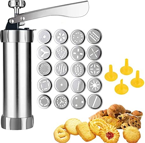 WindFire Stainless Steel Cookie Press Machine,Featuring 20 Decorative Stencil Discs and 4 Icing Tips,Deluxe Spritz Cookie Press Gun,Cookie Maker,Baking Decoration Supplies,Silver,XHWL_TL_118_EU