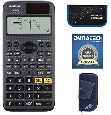 DynaTech Taschenrechner-Set Taschenrechner Casio FX-85 DE X mit Schutztasche Jeans dunkel kompatibel mit FX-85 DE X im Set mit Zirkelset in blau und Garantieverlängerung