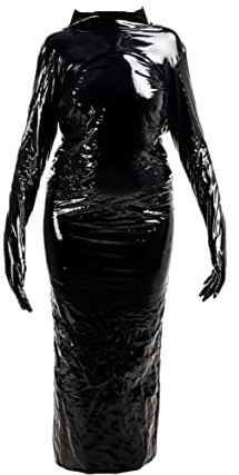Rubberfashion Sexy Lack Damen Kleid lang - glänzendes Partykleid Langarm mit Langen Handschuhen Clubware Lack schwarz M