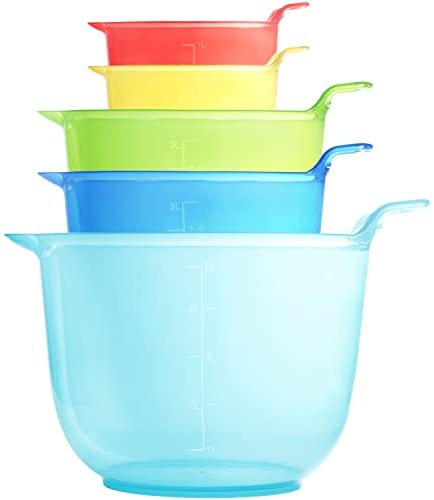 Youngever 5 Pack Plastic Mixing Bowls Set, Large Measuring Bowls in 3 Sizes 1L, 3L, 5L (Rainbow Colors)