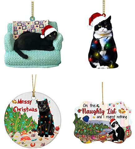 4 Pcs Black Cat Christmas Ornament, Cute Cat Christmas Decoration Pendant, Car Hanging Ornaments Xmas Tree Hanging Pendant, Birthday Gift for Cat Lovers, Home Decor