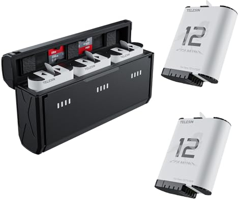 TELESIN 2 Batterie Enduro e Caricabatterie a 3 Slot per Go Pro Hero 12 11 10 9, Batteria Adatta a Basse Temperature, Caricabatterie Tascabile, Ricarica Veloce, Accessori
