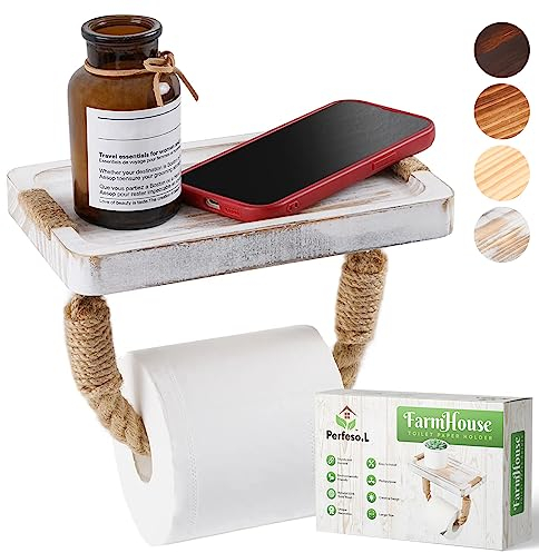 Perfeso.L Farmhouse Toilet Paper Holder - Beach Nautical Rope Coastal Bathroom Decor, Rustic White Wooden Towel Rack - Unique Towel Holder Tissue Roll Holder