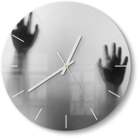 DEQORI Glasuhr | rund Ø 30 cm | Motiv Zwei Schattenhände | ausgefallene leise Design Uhr aus Glas | Wanduhr für Wohnzimmer & Küche | Moderne Hingucker Uhr für die Wand