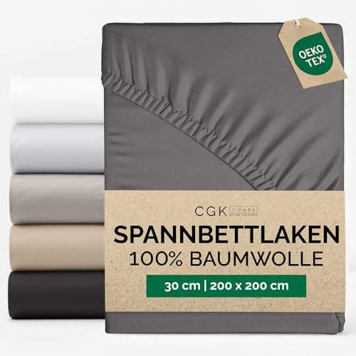 Spannbettlaken 200 x 200 cm Baumwolle - Mako Satin 400 Fadenzahl - Für Matratzen bis 30 cm (12) - Hotelqualität Spannbetttuch - Knitterfrei, Pflegeleicht, Atmungsaktiv & Oeko-TEX - Dunkelgrau