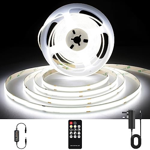 AXMOTUT COB LED Strip Lights 5m, 6000K Daylight White Dimmable LED Strip, 1600 LEDs Super Bright DC24V LED Light Strip CRI90+ with RF Remote and UKCA Power Supply for DIY Home Decoration