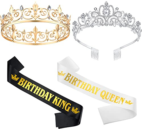 Eowppue Geburtstagskrone Set für Erwachsene König und Königin mit Schärpe und Stirnband 4-teilig Metall Strass Party Accessoires für Geburtstag, Hochzeit und Mottoparty