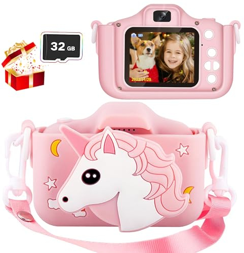 POSO Macchina Fotografica Bambini con 32GB Scheda,2.0 Pollici Fotocamera Digitale Bambini 1080P HD Selfie Videocamera,Regalo Giocattolo di Natale Ragazzi 3-10 Anni (Rosa)