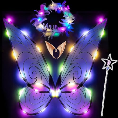 Feenflügel Leuchtend Erwachsene,LED Haarreif and Sterne Feenstäbe,Feenflügel Erwachsene,Elfenflügel Damen,Led Flügel Kinder,Schmetterlingsflügel Kinder,Mädchen Feenflügel Glitzernde Engelsflügel
