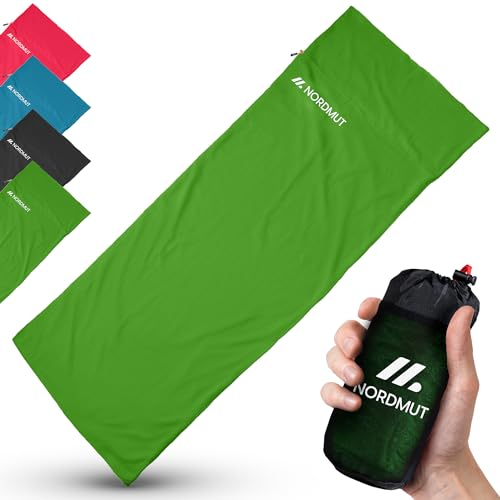 NORDMUT® Hüttenschlafsack Mikrofaser Ultraleicht - Sommerschlafsack Kleines Packmaß & Atmungsaktiv - Schlafsack Dünn & besonders weich inkl. Kissenfach [220 x 90 cm]