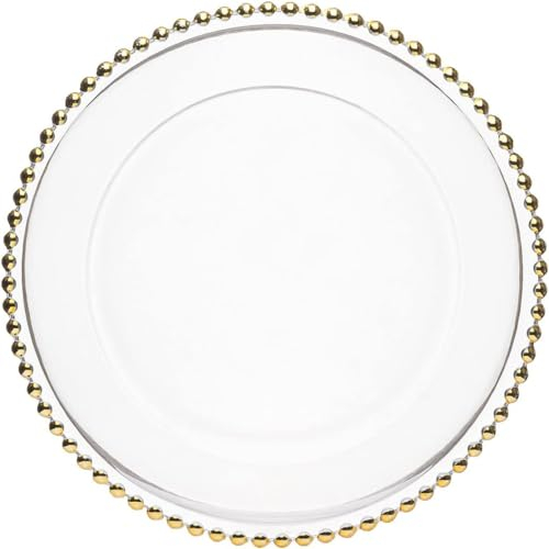 XL Teller aus transparentem Glas 33 cm mit Goldrand (1), 12x Glasteller mit Perlen Extra Groß, Platzteller Dekoteller Servierteller für Hochzeiten, Taufen, Geburtstage, Weihnachten & Partys - Mehrweg